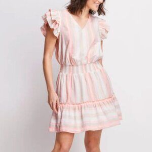 NWT Vineyard Vines Womens Striped V-Neck Smocked Dress XS Coral Tan Cotton